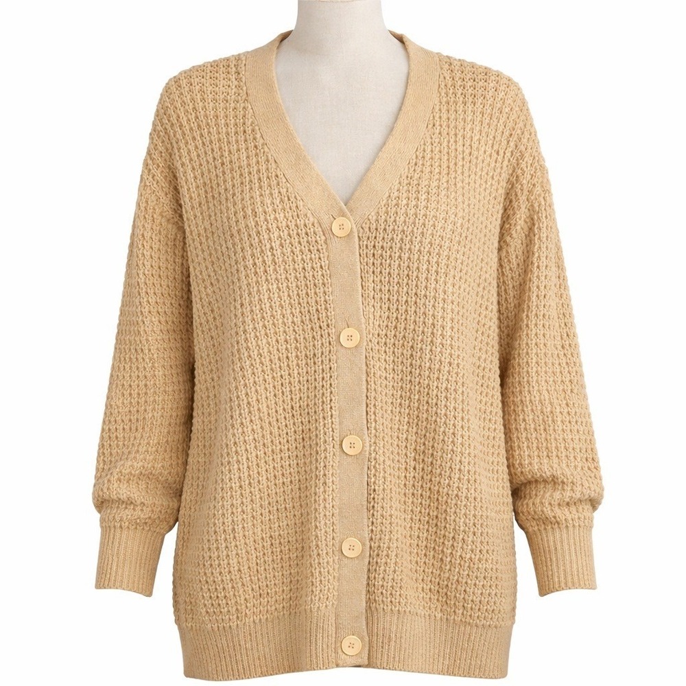 Qualfort Chunky Waffle Knit Button‎ Cardigan Size M Beige Cottagecore Preppy